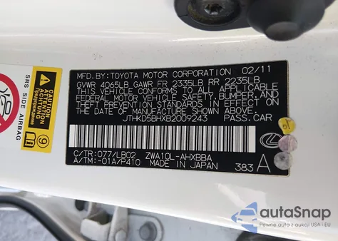 2011 Lexus Ct 200H Premium from USA, damaged, VIN JTHKD5BHXB2009243